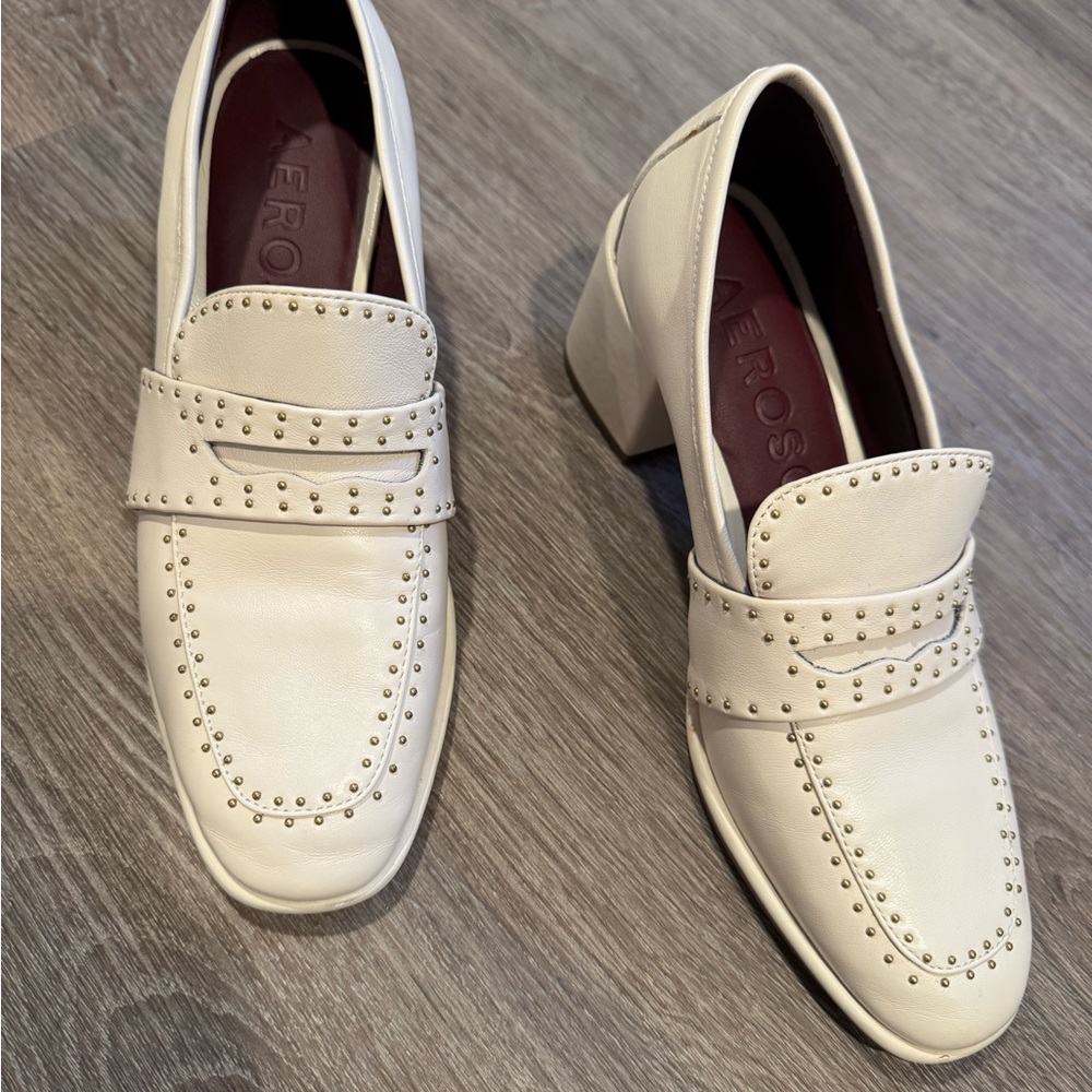 AEROSOLES | Cream Studded Women's Size 6 Leather Block Heel Loafers
